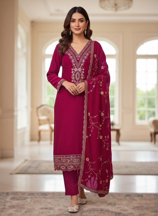 Royal Hot Pink Velvet Embroidered Suit Set with Matching Dupatta