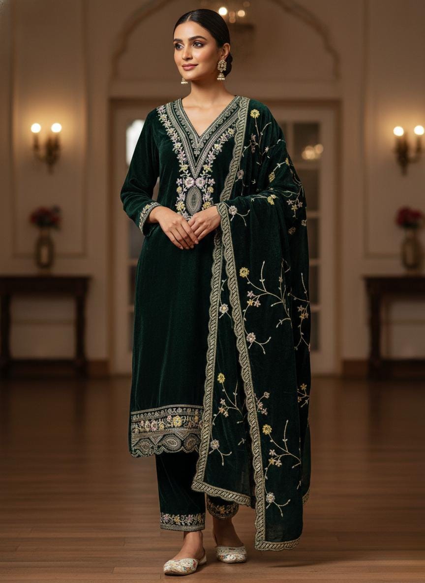 Green Heavy Viscose Velvet Sequin Embroidered Suit Set with Dupatta Fully Stitched Party Wear