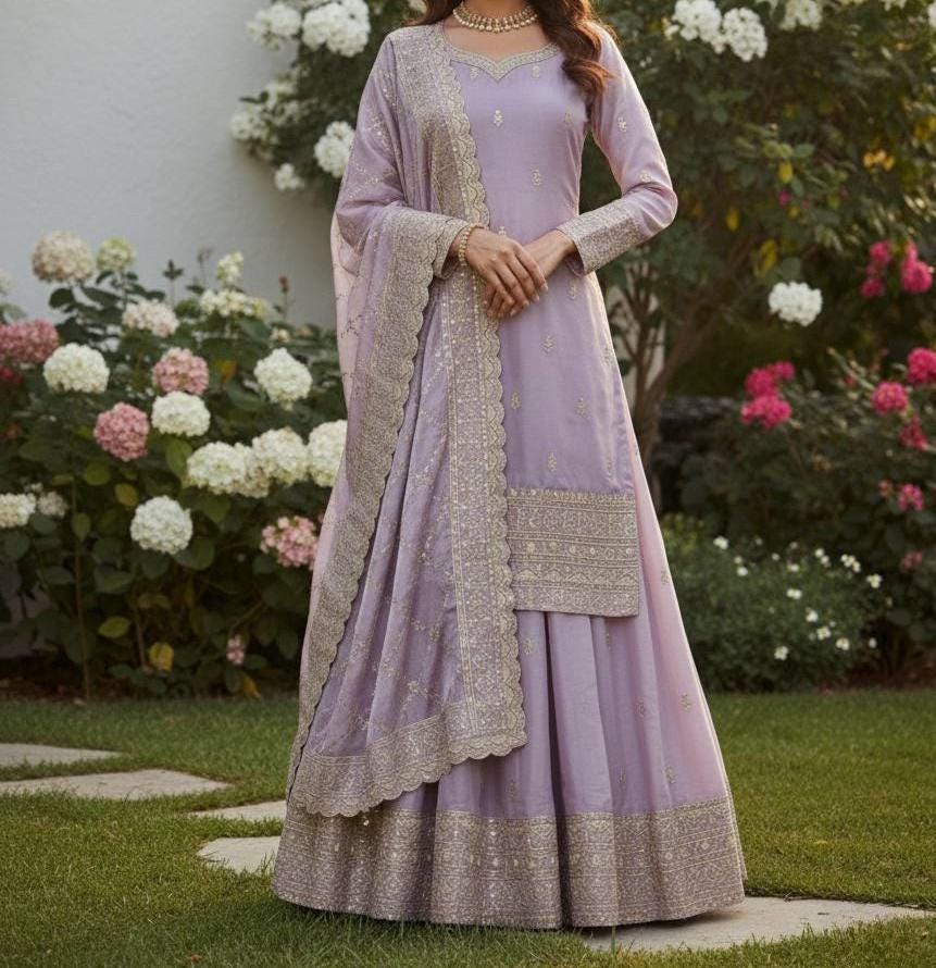 Designer Lavender Embroidered Kurti Palazzo Set with Dupatta