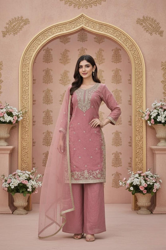 Designer Dusty Pink Embroidered Kurti Palazzo Set with Net Dupatta