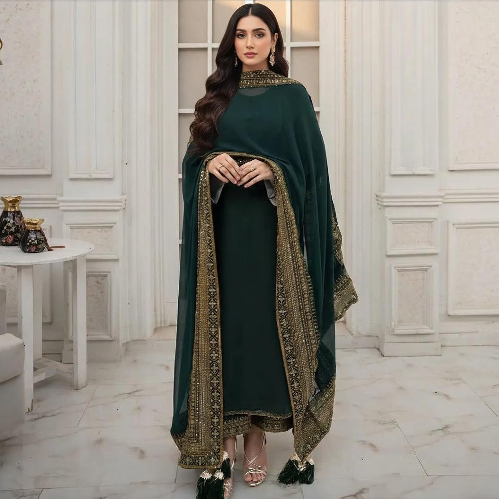 Designer Deep Mystique Green 3 Piece Stitched Suit Pakistani / Punjabi Nikkah Set Eid Outfit