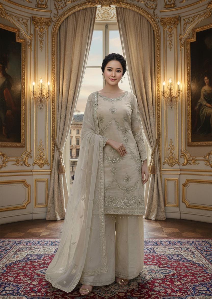 Beige Pakistani Style Palazzo Suit With Dupatta | Embroidered & Sequence Work