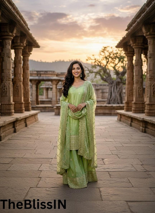 Designer Pastel Green Embroidered Kurti Palazzo Set with Dupatta