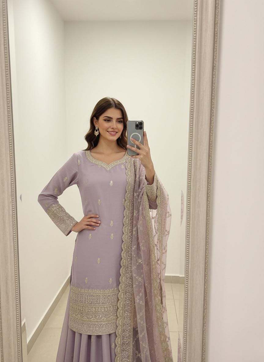 Designer Lavender Embroidered Kurti Palazzo Set with Dupatta