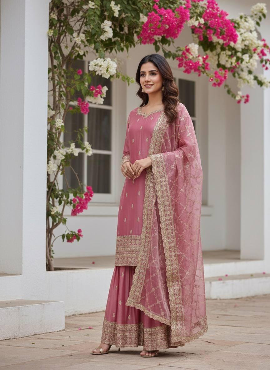 Pink Mauve Embroidered Silk Kurti Palazzo Dupatta - Festive Season Dress