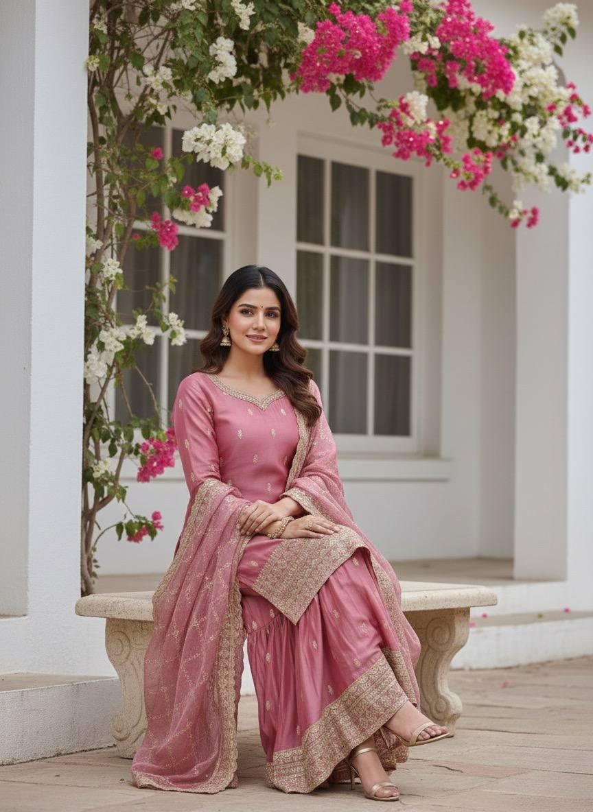 Pink Mauve Embroidered Silk Kurti Palazzo Dupatta - Festive Season Dress