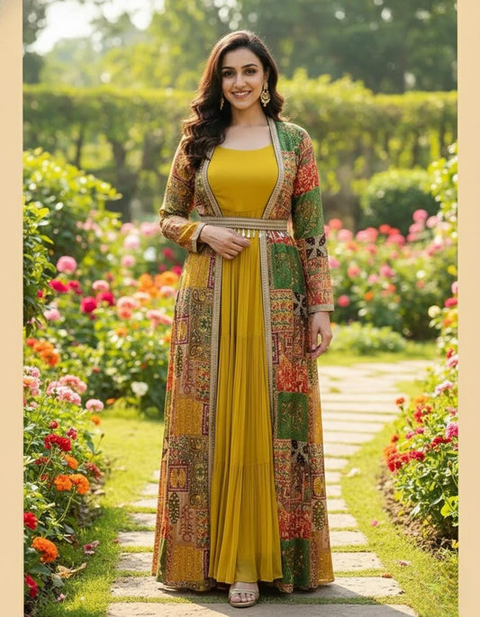 French Crepe Printed Koti with Ruffle Georgette Gown Set Fully Stitched Designer Outfit