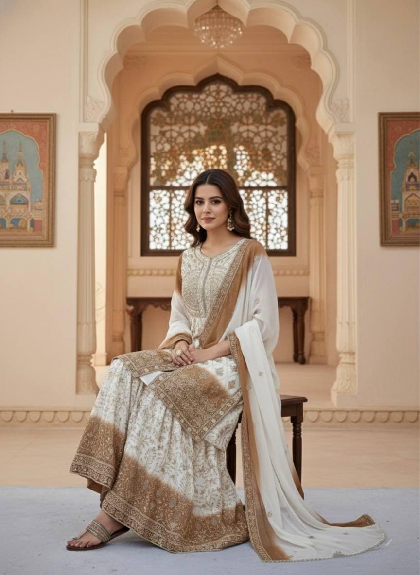 Elegant Ivory Heavy Embroidered Kurta Palazzo Dupatta Set for Weddings & Festive Wear