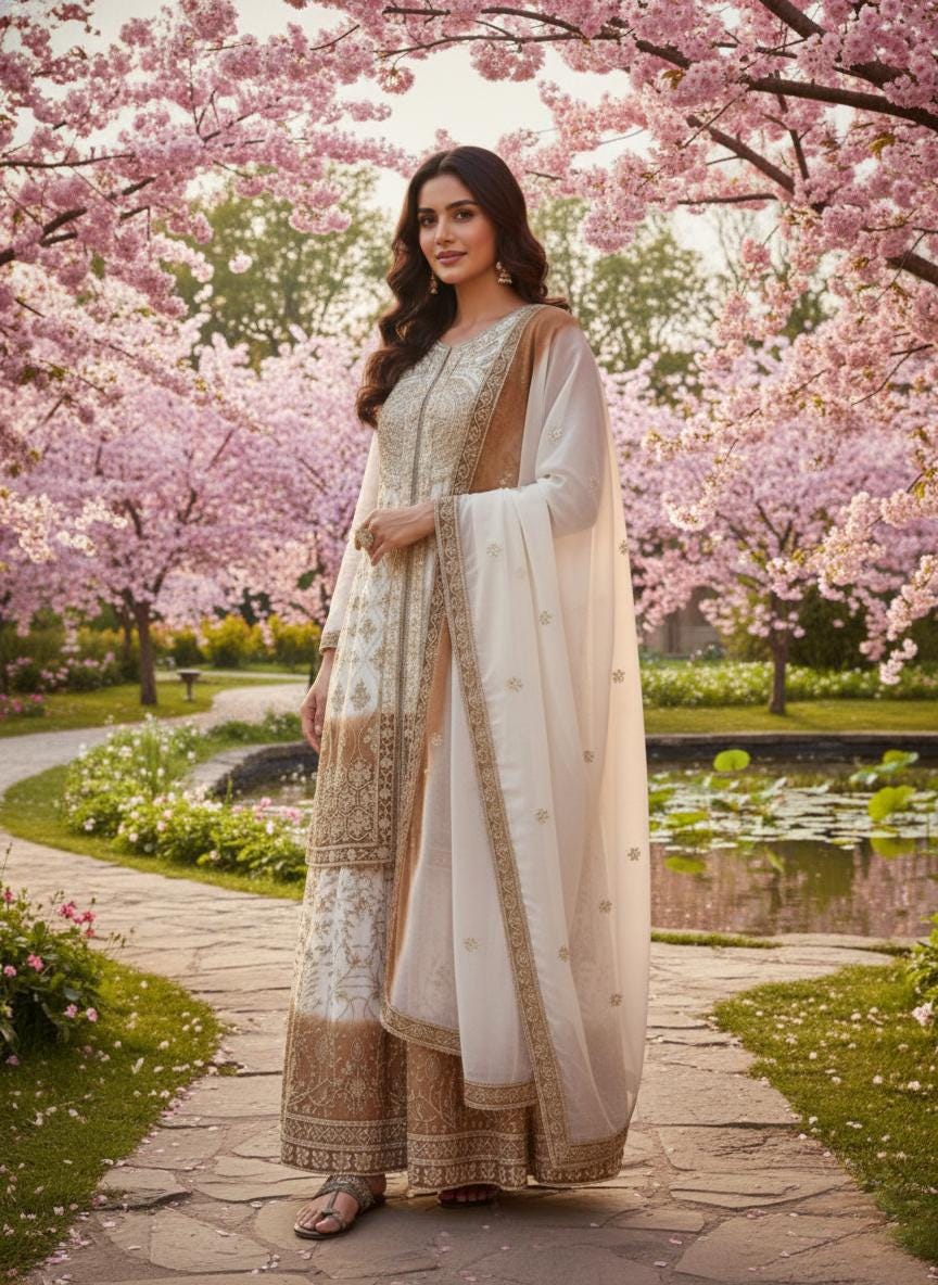 Elegant Ivory Heavy Embroidered Kurta Palazzo Dupatta Set for Weddings & Festive Wear