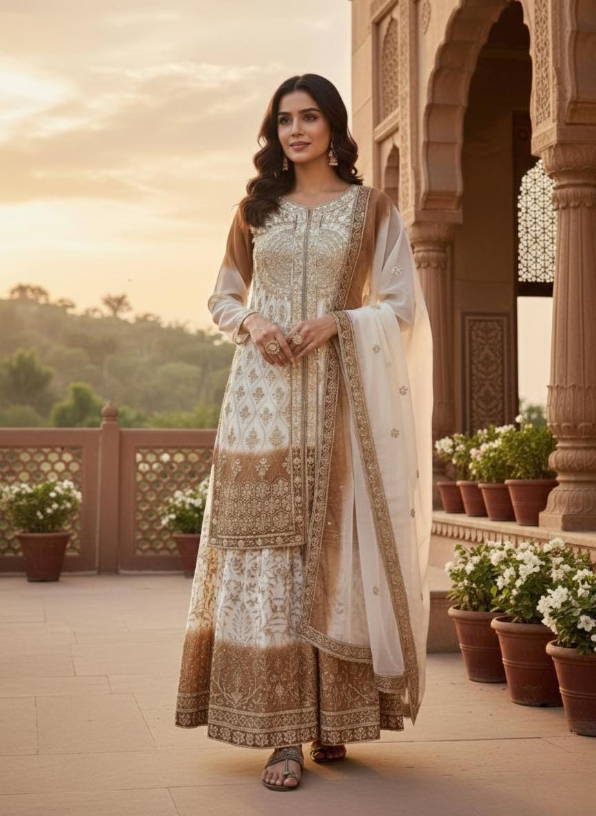 Elegant Ivory Heavy Embroidered Kurta Palazzo Dupatta Set for Weddings & Festive Wear