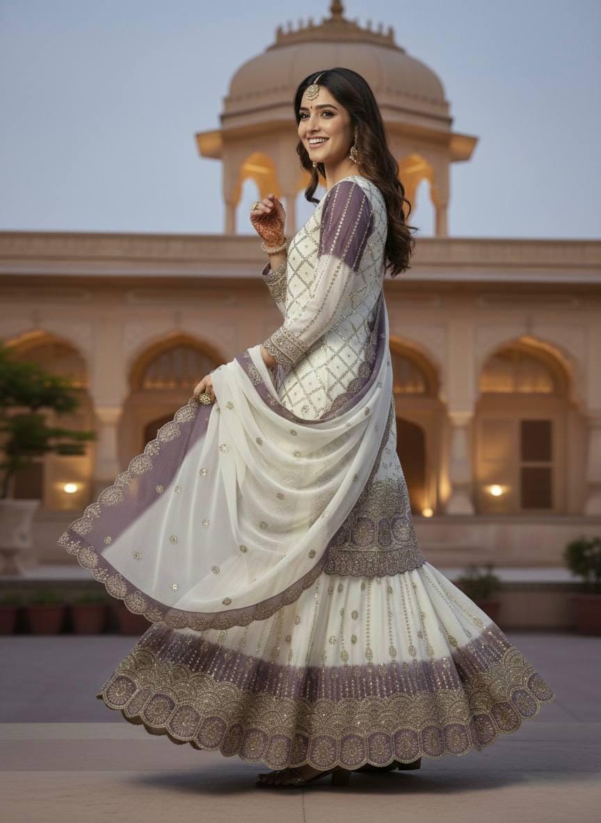 Embroidered Kurta Palazzo Suit With Dupatta Set - Georgette Dual Tone Outfit