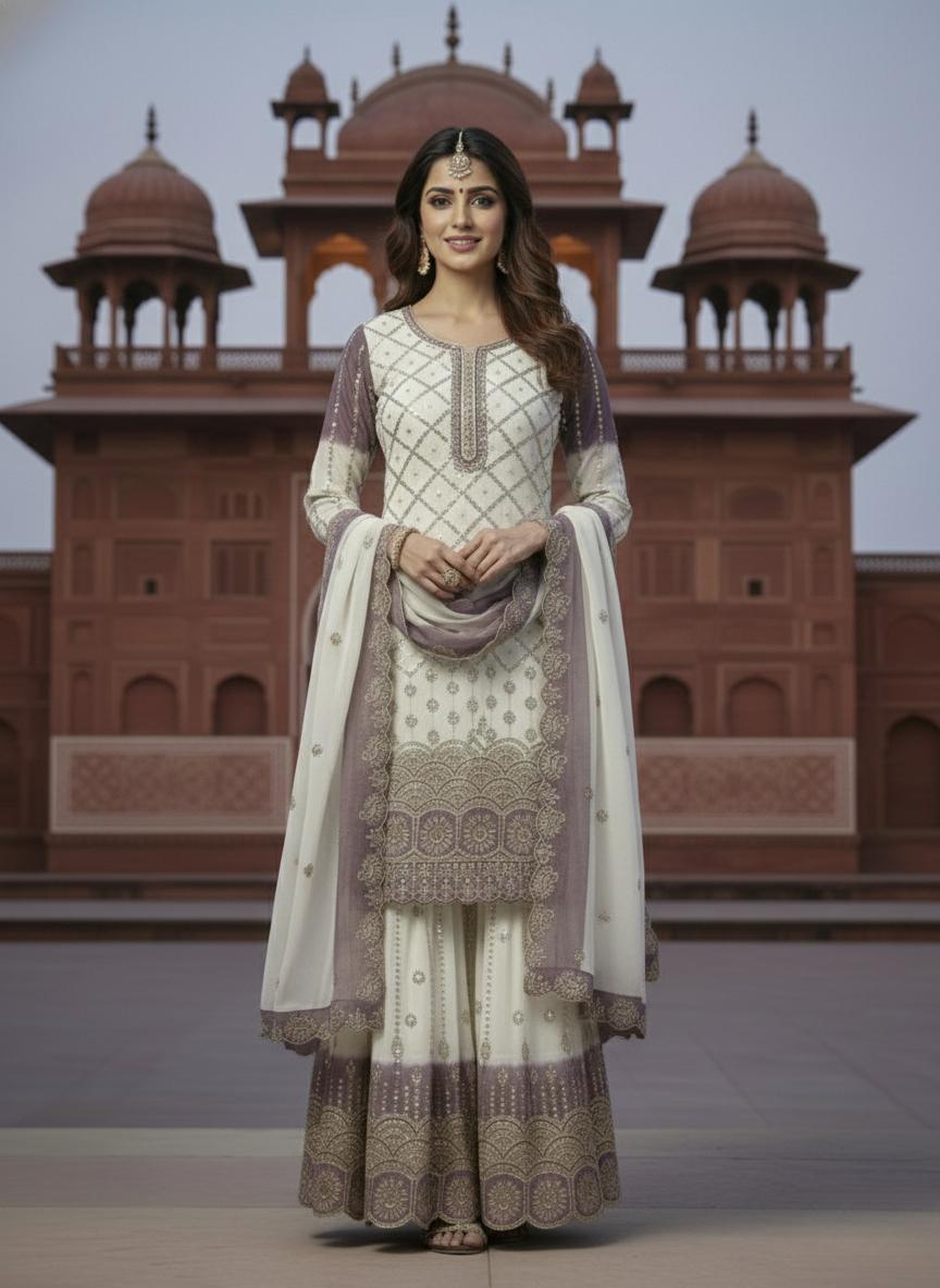 Embroidered Kurta Palazzo Suit With Dupatta Set - Georgette Dual Tone Outfit