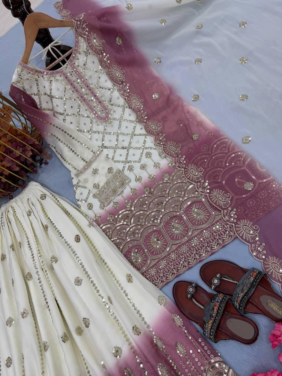 White Kurta & Pink Dual Star Georgette Sequence Work Salwar Suit