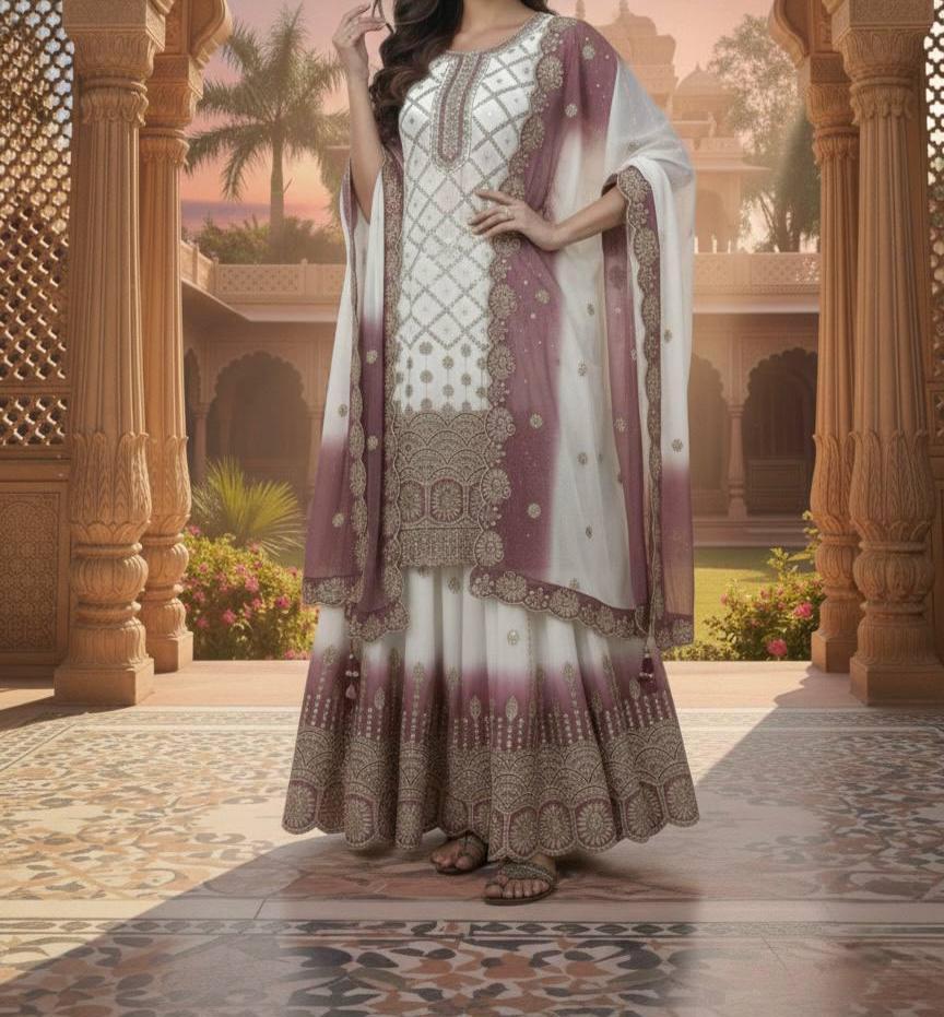 White Kurta & Pink Dual Star Georgette Sequence Work Salwar Suit