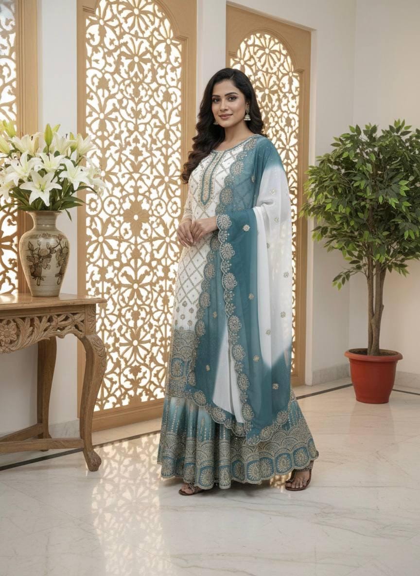 Elegant White & Teal Heavy Embroidered Kurta Palazzo Dupatta Set - Wedding Wear