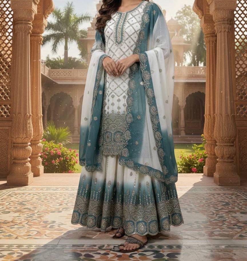 Elegant White & Teal Heavy Embroidered Kurta Palazzo Dupatta Set - Wedding Wear