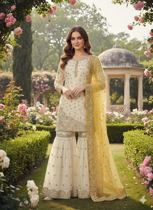 Elegant Cream Heavy Embroidered Kurti Gharara Dupatta Set for Eid & Weddings