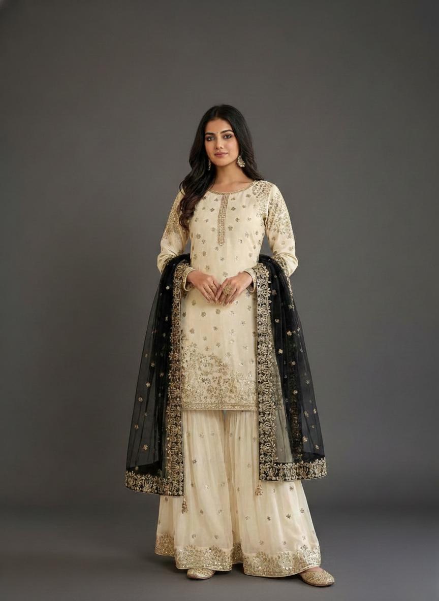 Ivory Embroidered Kurti Gharara Dupatta Set with Black Dupatta Suit