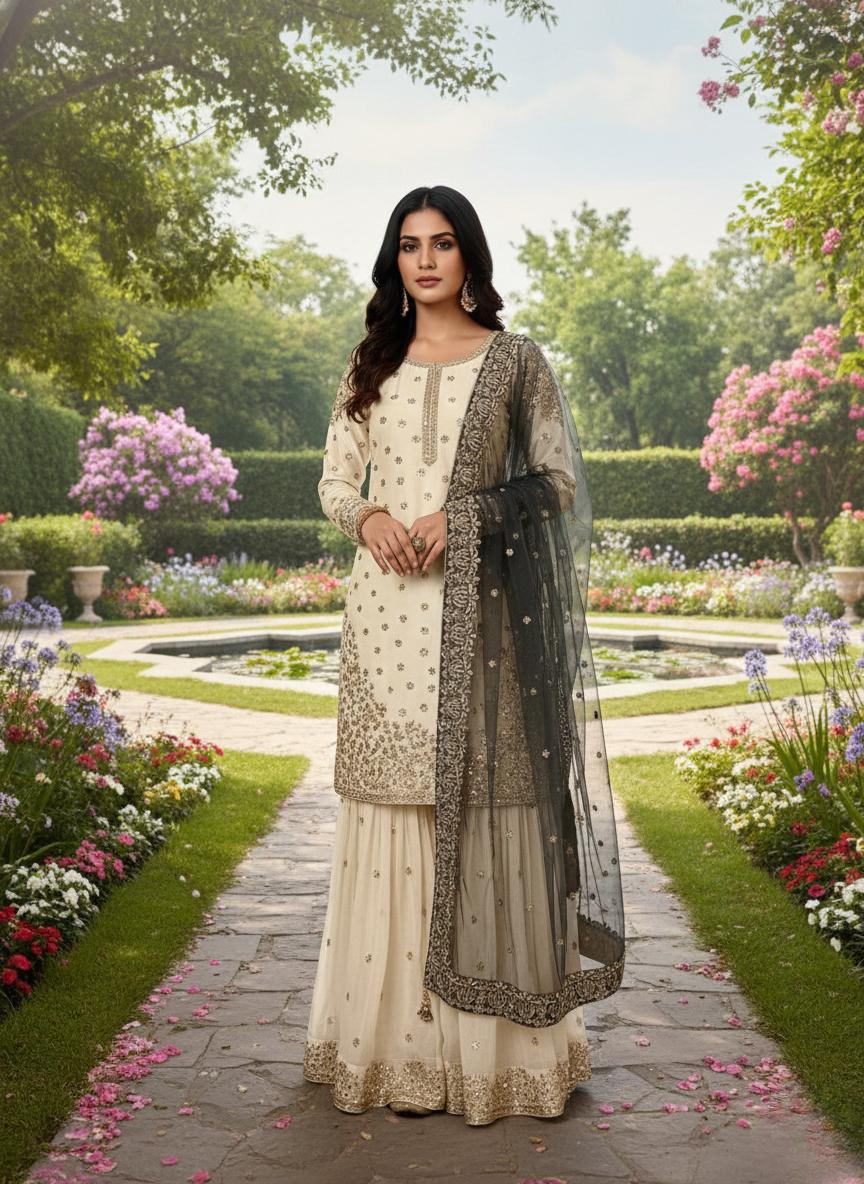 Ivory Embroidered Kurti Gharara Dupatta Set with Black Dupatta Suit