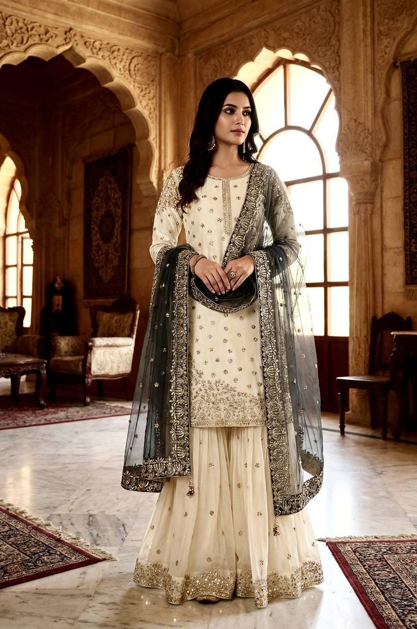 Ivory Embroidered Kurti Gharara Dupatta Set with Black Dupatta Suit