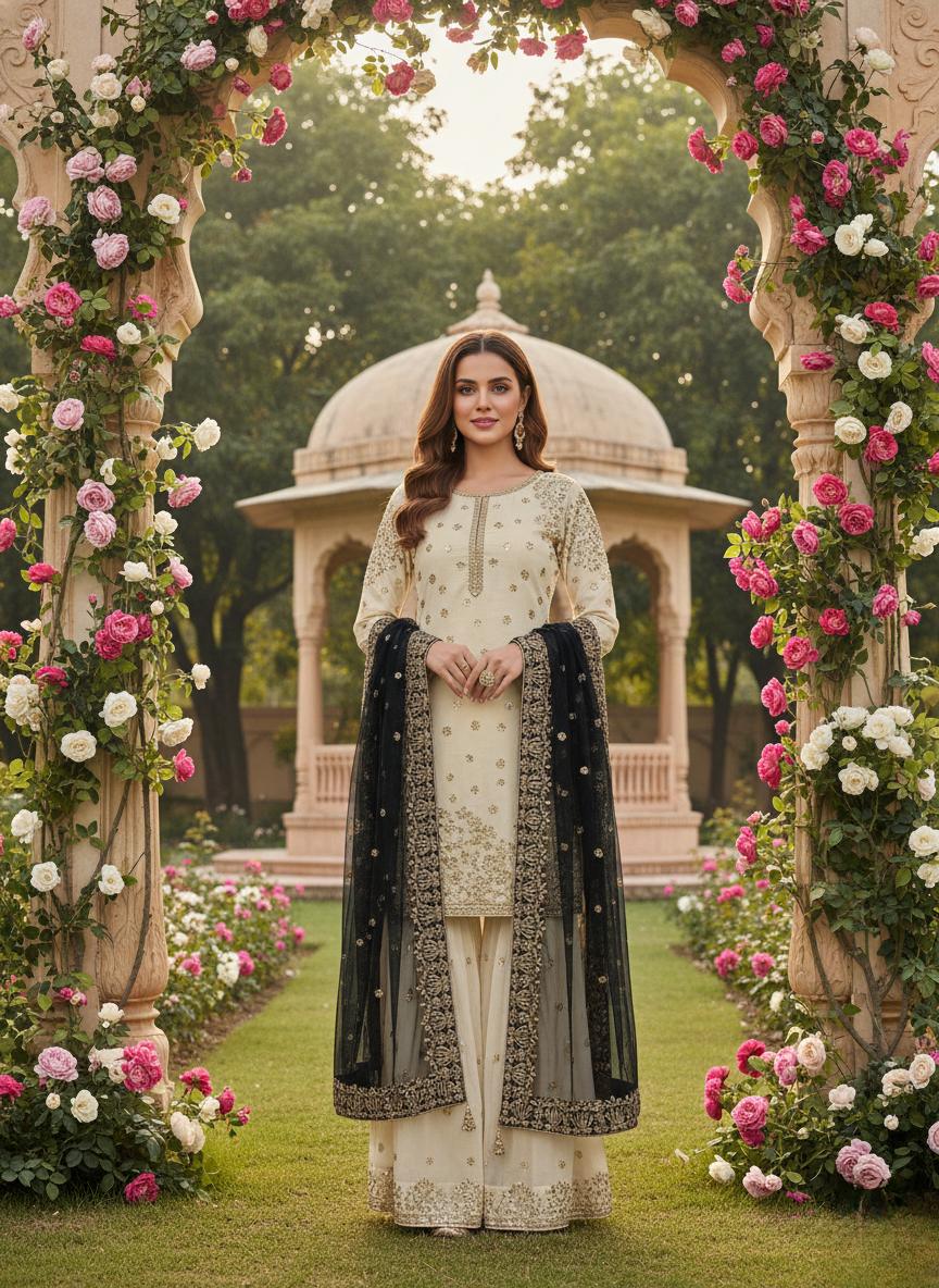 Ivory Embroidered Kurti Gharara Dupatta Set with Black Dupatta Suit