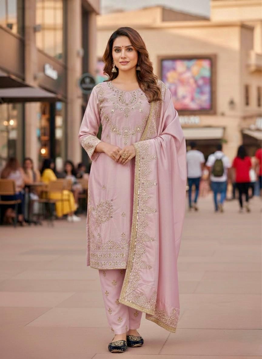 Traditional Pink Salwar Kameez Silk With Embroidery Sequence Work For Women