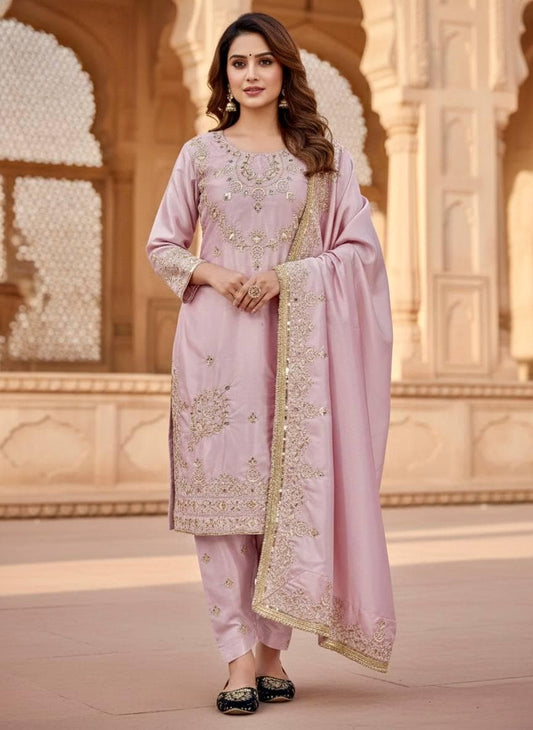 Traditional Pink Salwar Kameez Silk With Embroidery Sequence Work For Women