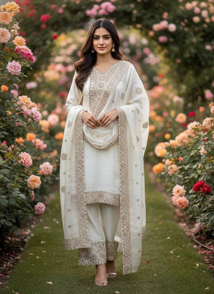 White Silk Kurta Pant Set with Heavy Embroidery Sequence Dupatta