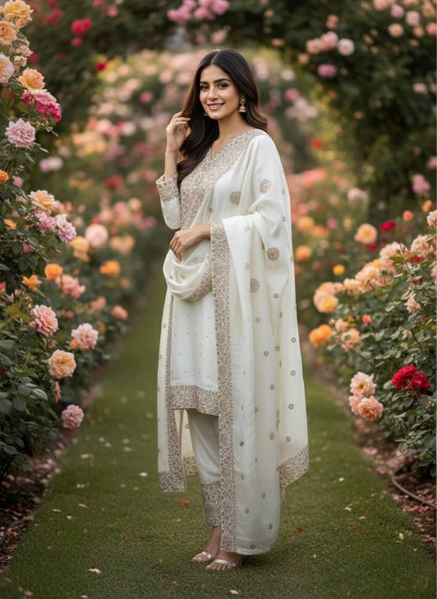 White Silk Kurta Pant Set with Heavy Embroidery Sequence Dupatta