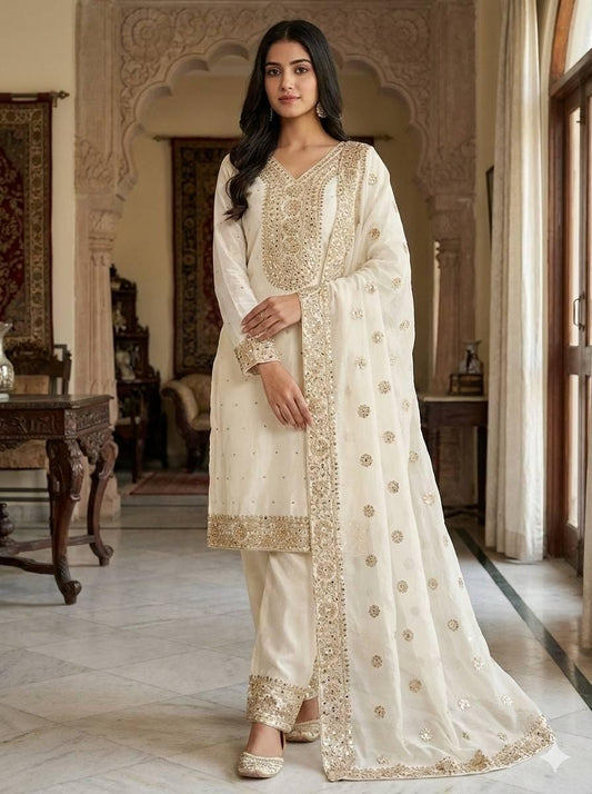 White Silk Kurta Pant Set with Heavy Embroidery Sequence Dupatta