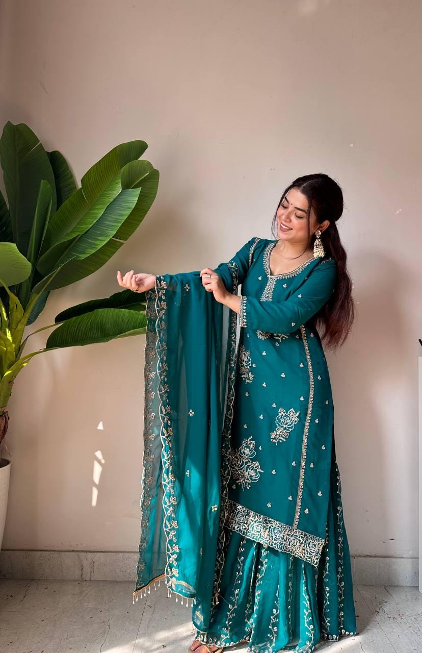 Designer Blue Shrarara Set With Dupatta With Sequence Embroidery Work - Suit For Women