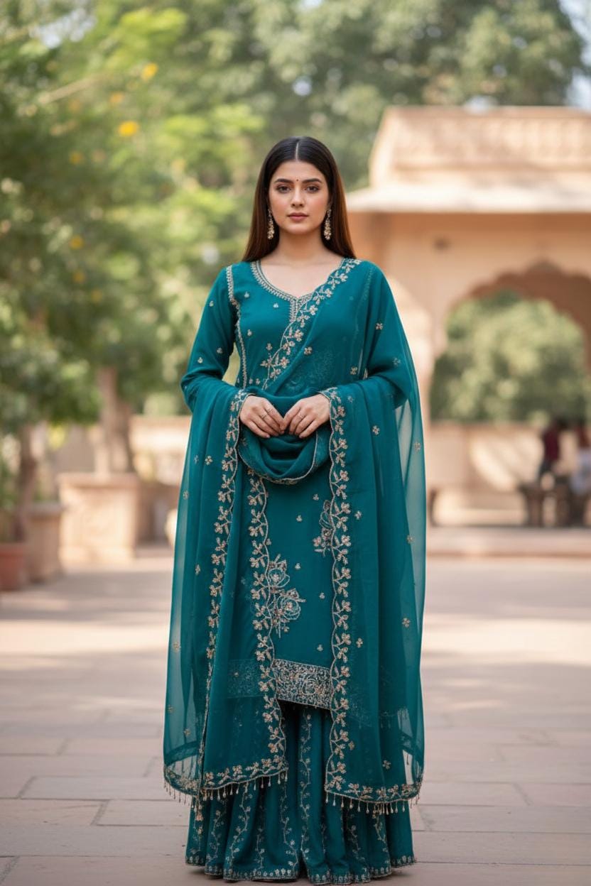 Designer Blue Shrarara Set With Dupatta With Sequence Embroidery Work - Suit For Women