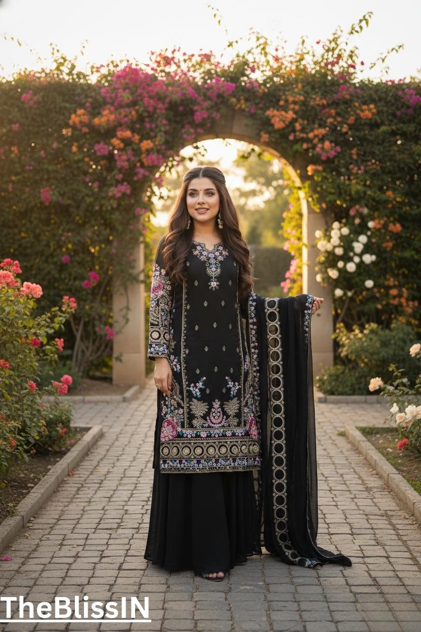 Pakistani Black Loomeera Kurti & Palazzo Dupatta Suit With Embroidered Dress