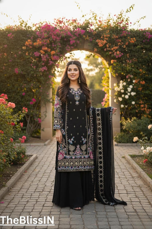Pakistani Black Loomeera Kurti & Palazzo Dupatta Suit With Embroidered Dress