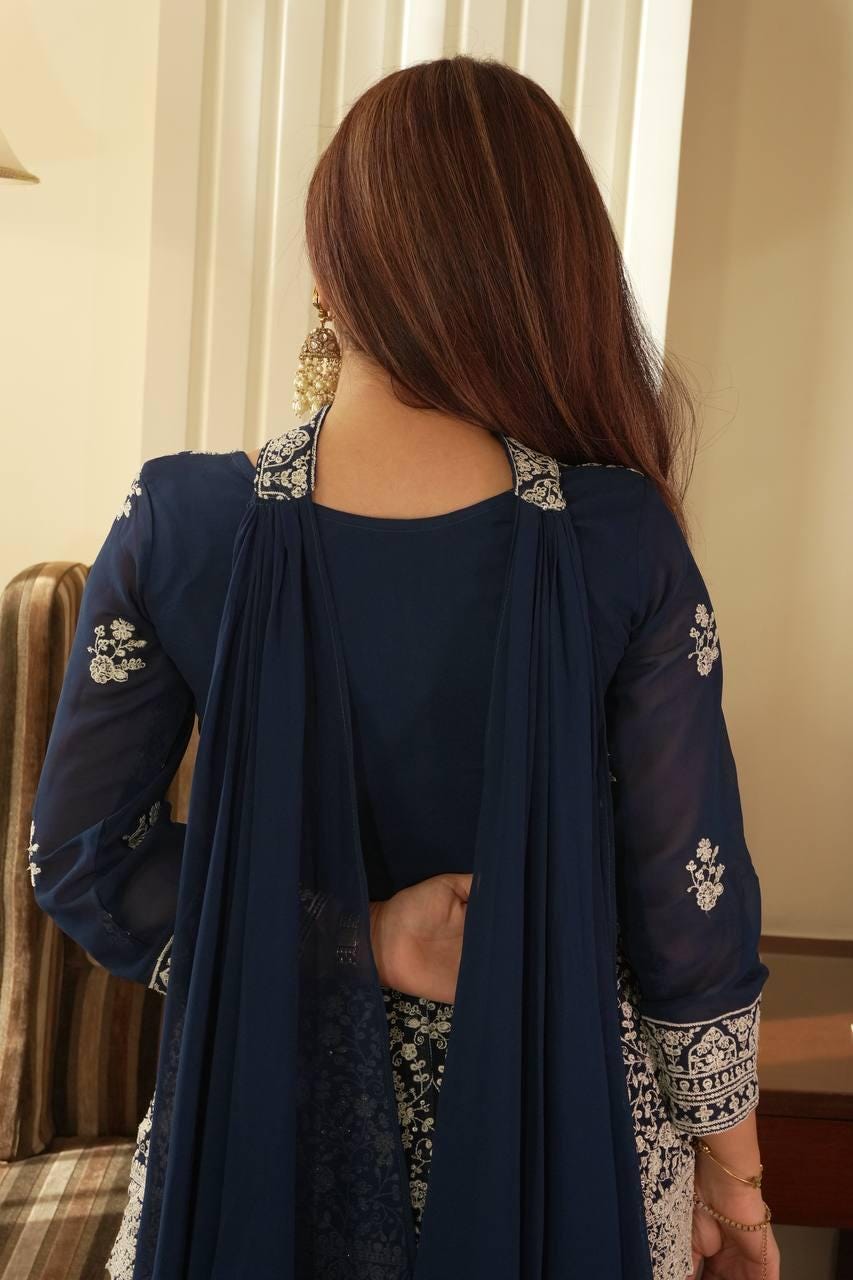 Pakistani Blue Embroidered Kurti & Palazzo Suit With Sequin Work Dupatta Set