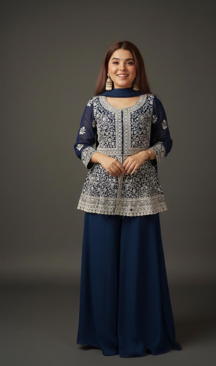 Pakistani Blue Embroidered Kurti & Palazzo Suit With Sequin Work Dupatta Set