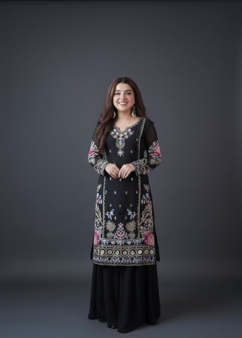 Pakistani Black Loomeera Kurti & Palazzo Dupatta Suit With Embroidered Dress