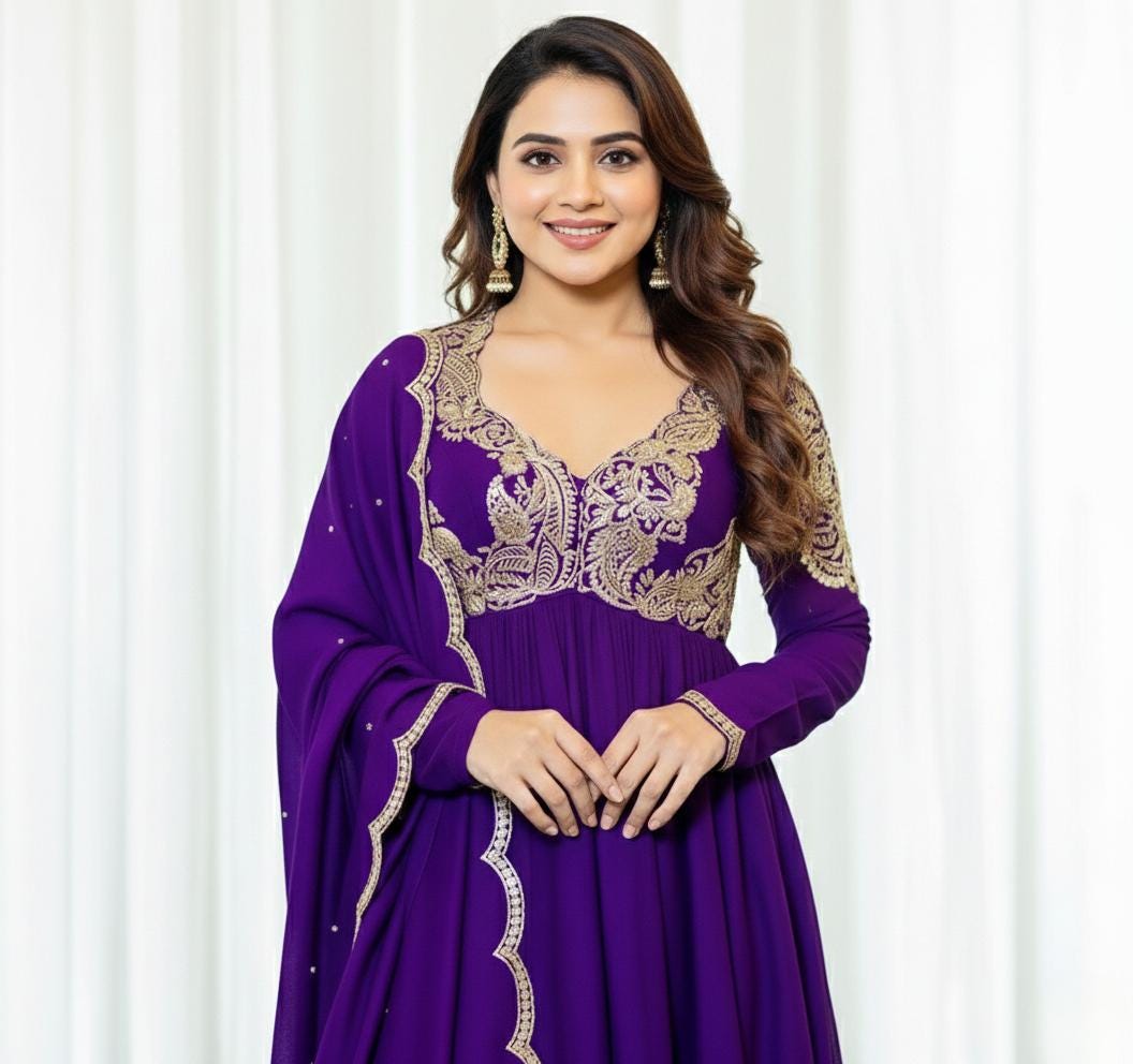 Purple Chinon Silk Anarkali Suit Set With Dupatta | Zari Embroidered - Festive Dress