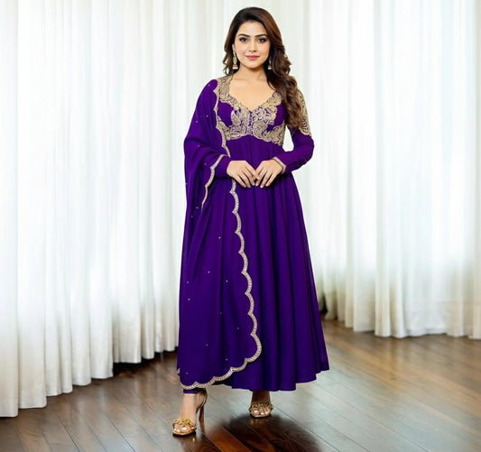 Purple Chinon Silk Anarkali Suit Set With Dupatta | Zari Embroidered - Festive Dress