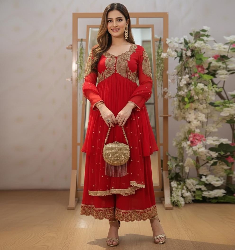 Red Sequin Embroidery Kurti Palazzo Suit | Georgette Fabric - Indian Outfit