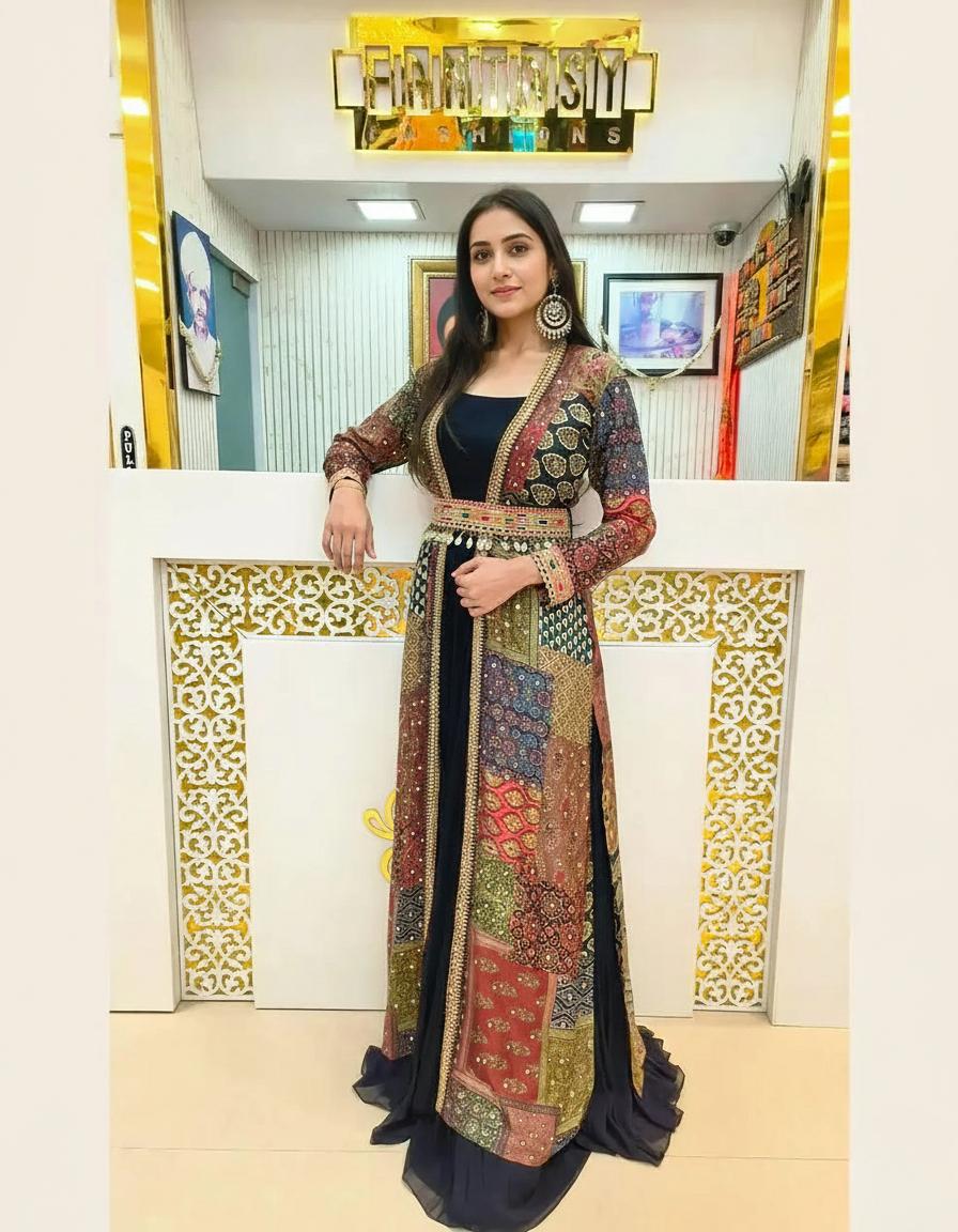 Digital Print Koti with Ruffle Maxi Gown Set – Indo Western Festive Wear