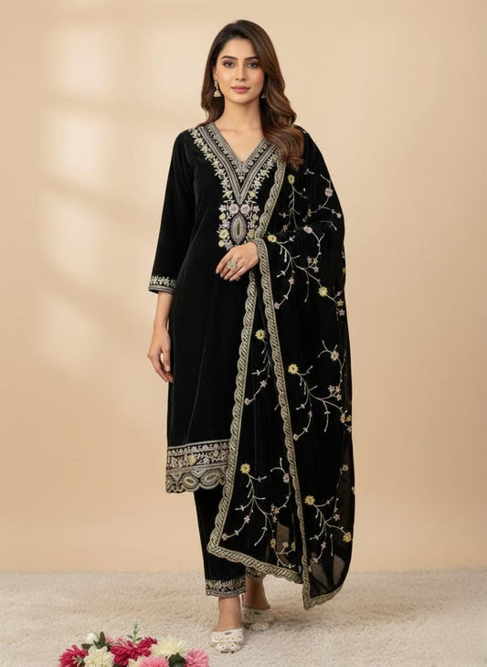 Majestic Black Velvet Designer Suit Set with Heavy Sequin Embroidery Festive Fashion