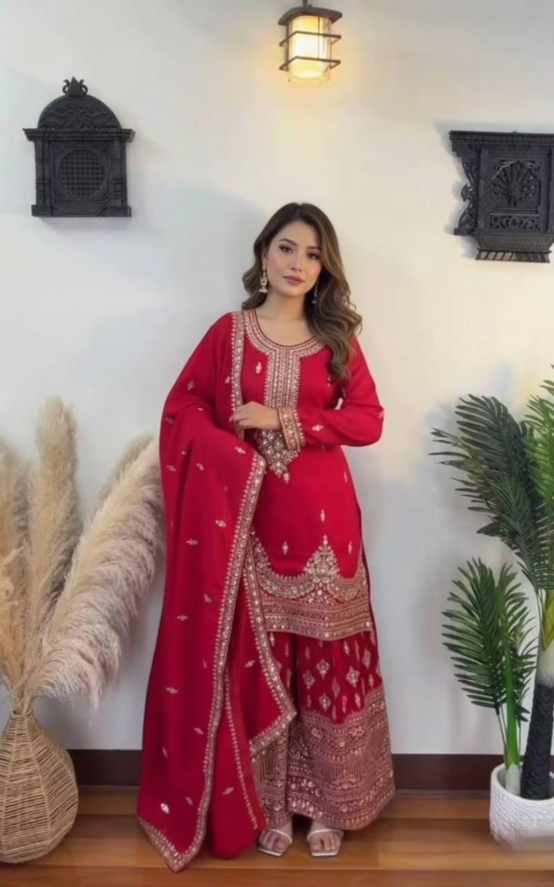 Red Pure Chinon Silk Kurti Plazzo Set with Sequin Embroidered and Matching Dupatta