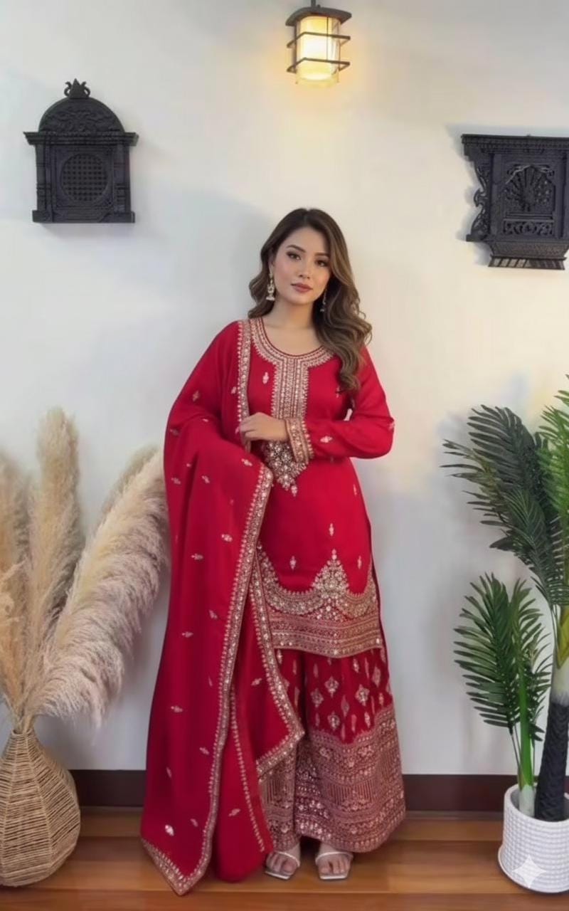 Red Pure Chinon Silk Kurti Plazzo Set with Sequin Embroidered and Matching Dupatta