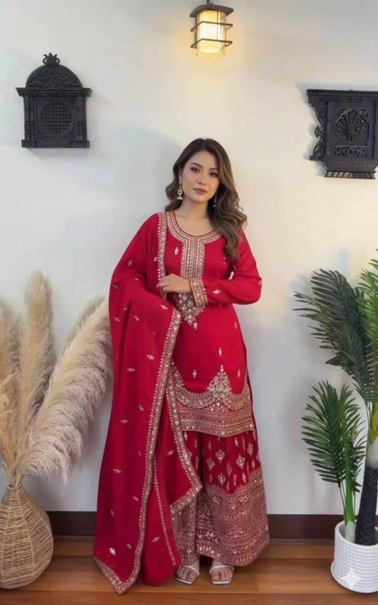Red Pure Chinon Silk Kurti Plazzo Set with Sequin Embroidered and Matching Dupatta