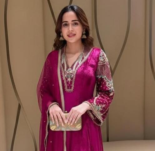 Designer Pink 3 Piece Velvet Suit With Heavy Embroidery Work For Women