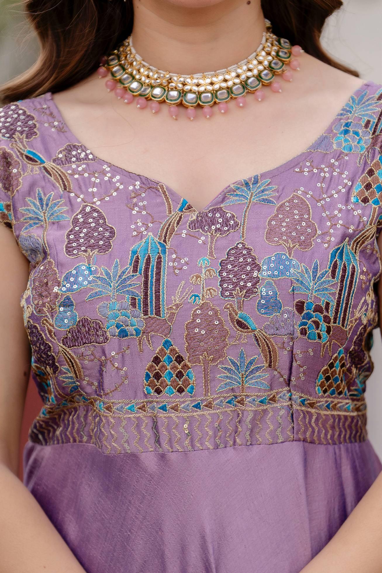 Designer Silk Purple Embroidered Floral Draped Anarkali Gown With Dupatta