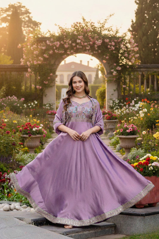 Designer Silk Purple Embroidered Floral Draped Anarkali Gown With Dupatta