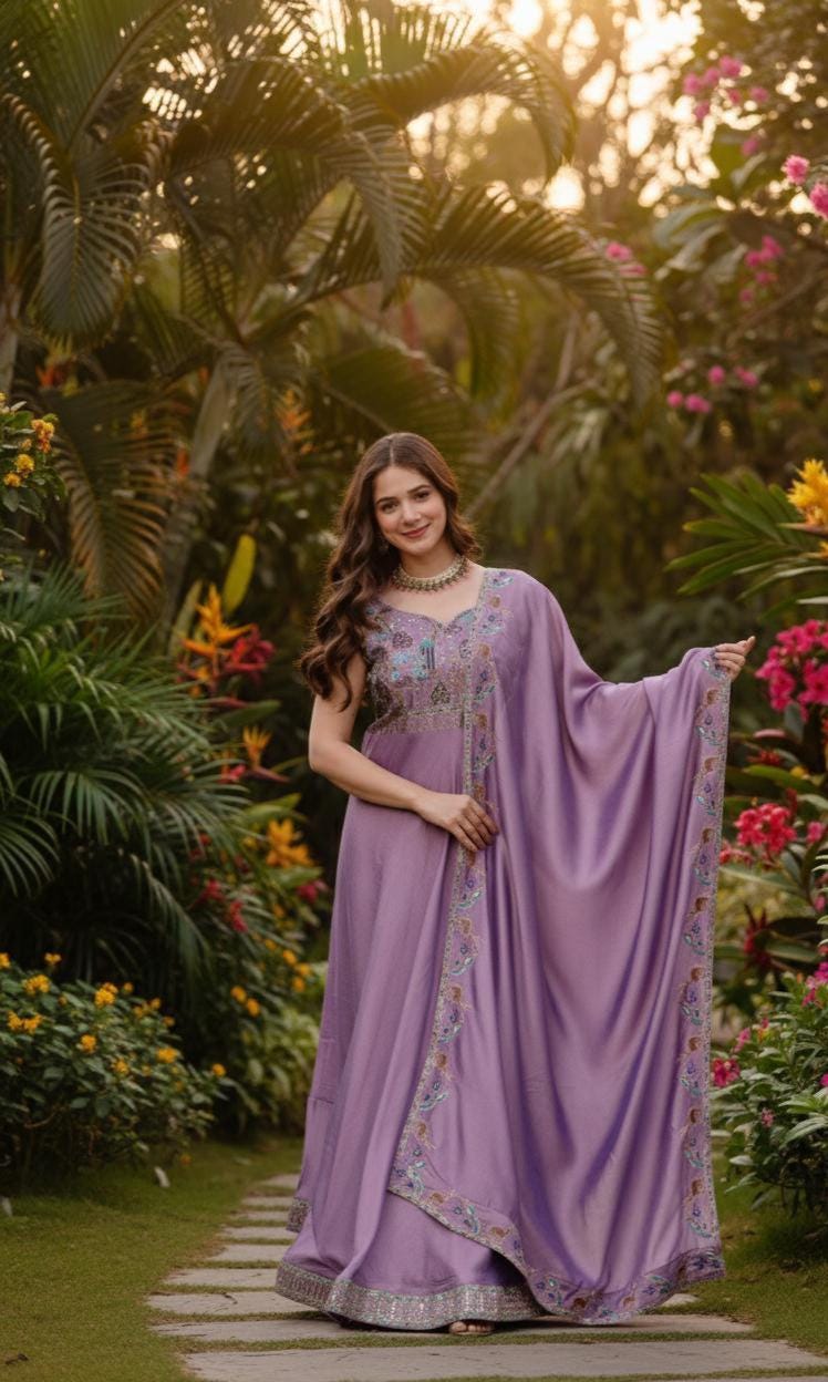 Designer Silk Purple Embroidered Floral Draped Anarkali Gown With Dupatta