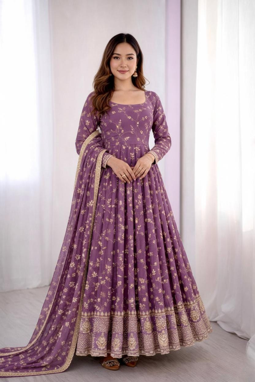 Designer Purple Embroidered Anarkali Gown with Dupatta | Party Wear Ethnic Dress